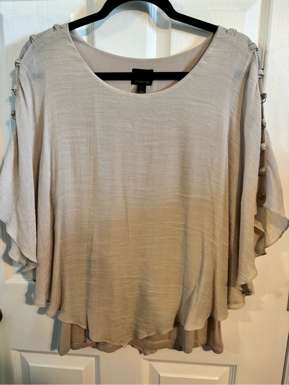 😍JM Collection Taupe Layered Flutter Sleeve Top SZ Large